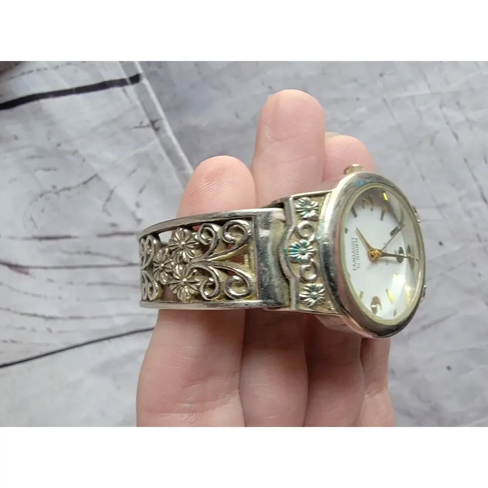 silver-tone Embassy by Gruen watch intricate filigree cuff band Untested READ